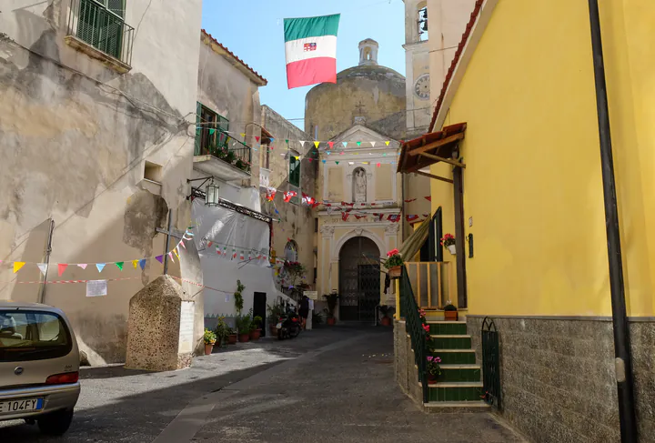 An old church at the end of a narrow street