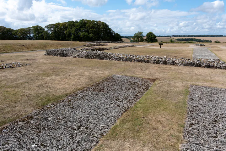 Stone foundations set into a grassy area