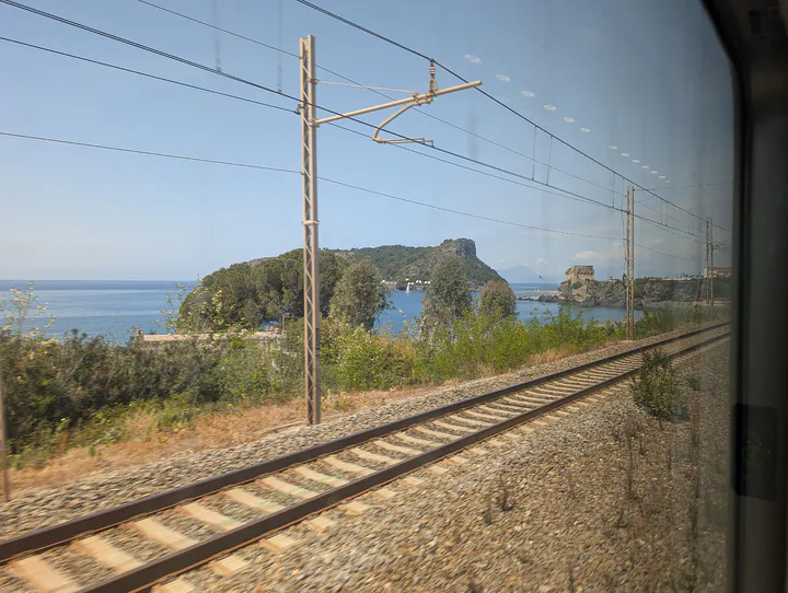 A railway line running along the coast