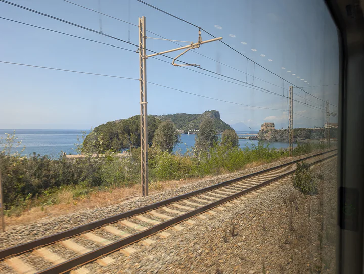 A railway line running along the coast
