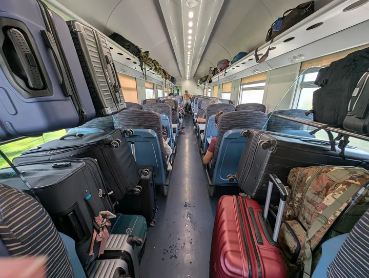Overflowing luggage racks on a train