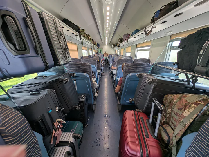 Overflowing luggage racks on a train