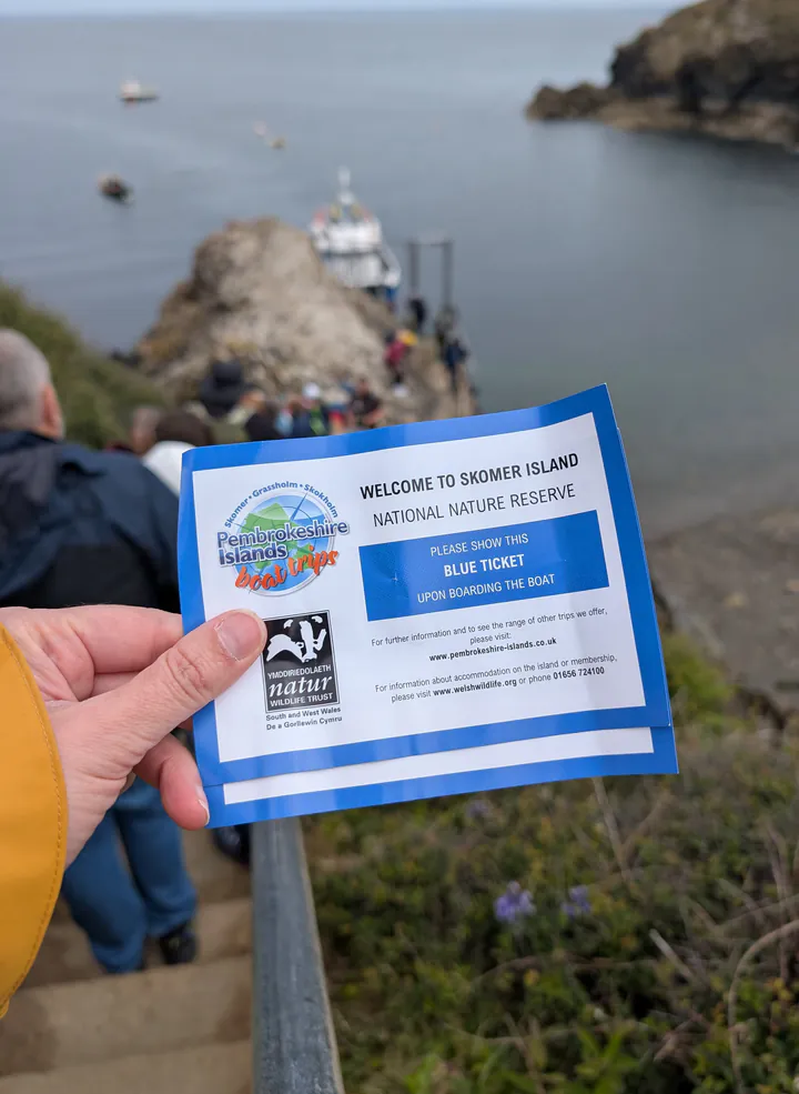 A hand holding two boat tickets for Skomer Island, ready to get on the boat.