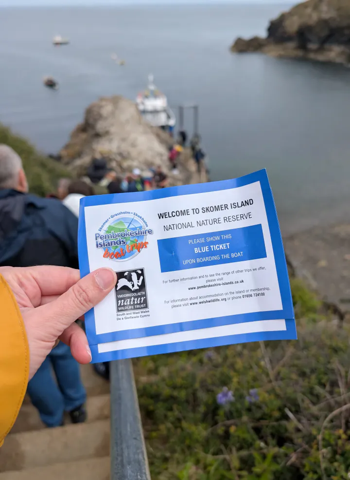 A hand holding two boat tickets for Skomer Island, ready to get on the boat.