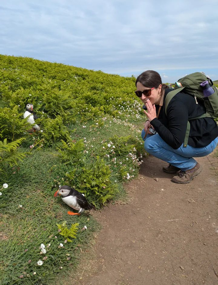 A woman crouching down looking absolutely delighted at two puffins by the footpath