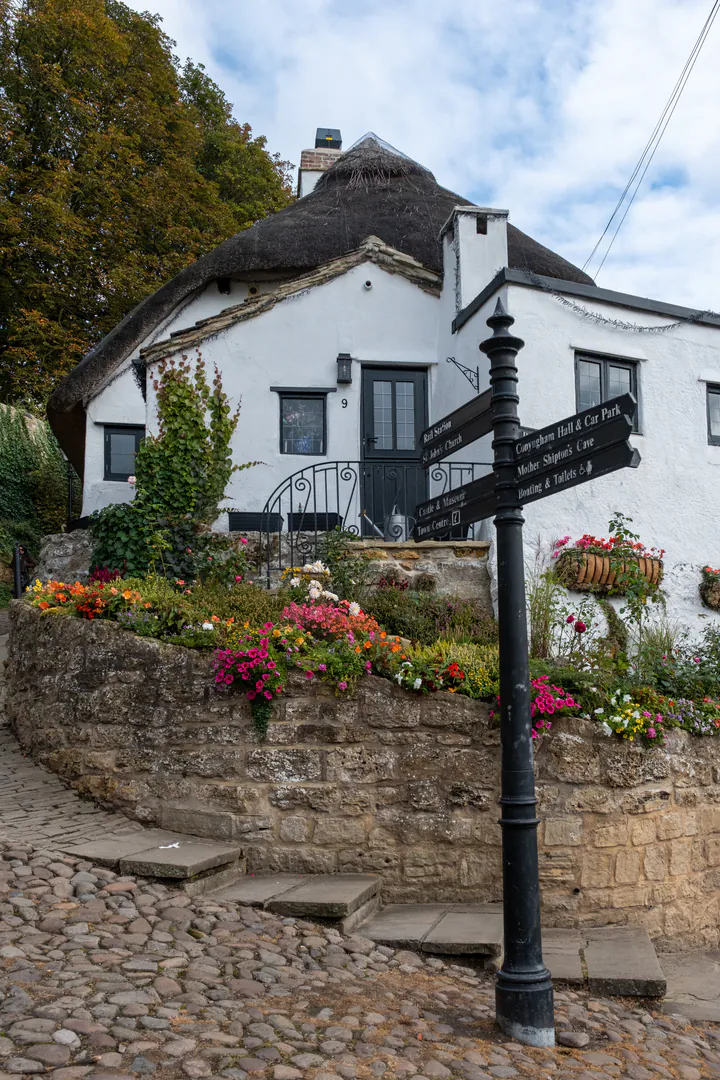 A white-painted, thatched-roof cottage on a hill. The garden is full of colourful flowers.