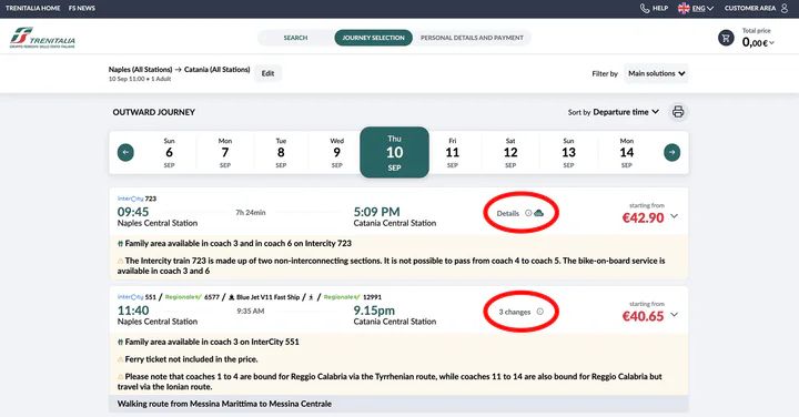 A screenshot of the Trenitalia website showing train times and prices from Naples to Catania.