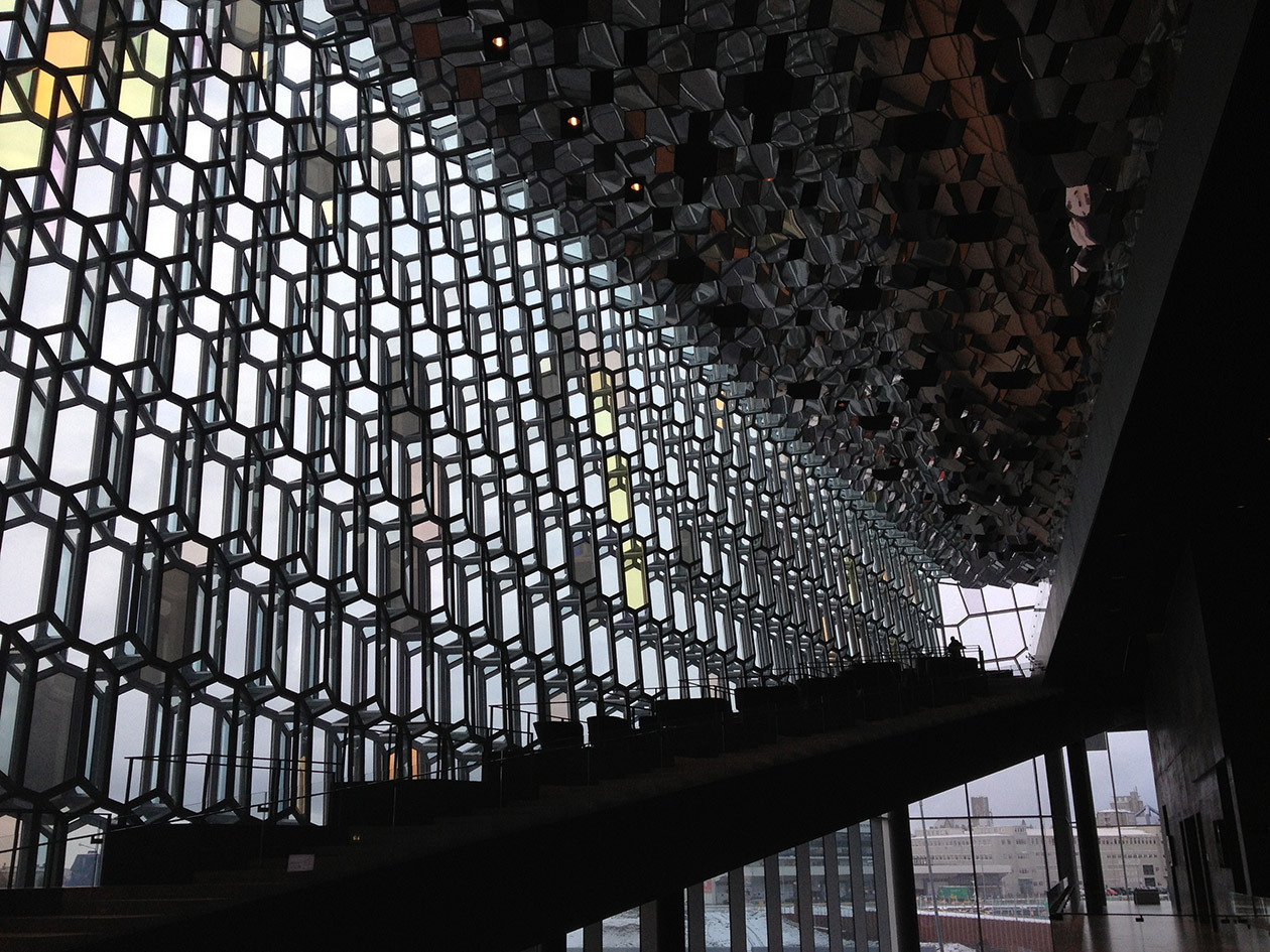 The walls of the Harpa concert hall are made of thousands of panes of glass