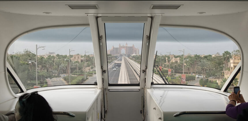 Travelling on the monorail to Atlantis at the head of the Palm