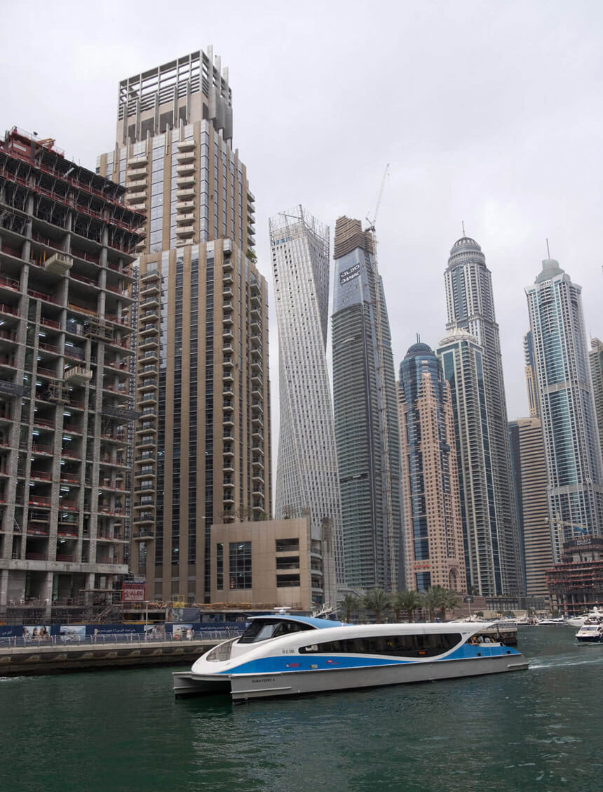 The spaceship-like water bus arriving at Dubai Marina