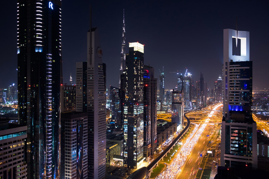 Sheikh Zayed Road just after sunset from the rooftop bar at the Four Points hotel