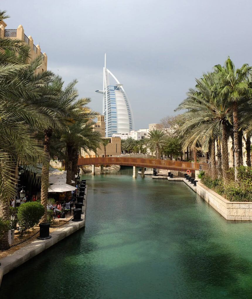 See the Burj Al Arab from the bridges of the watery Souk Madinat Jumeirah