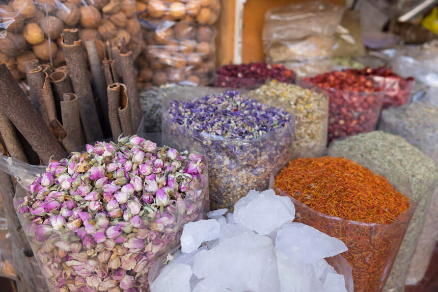Bags full of fragrant spices in the Spice Souk