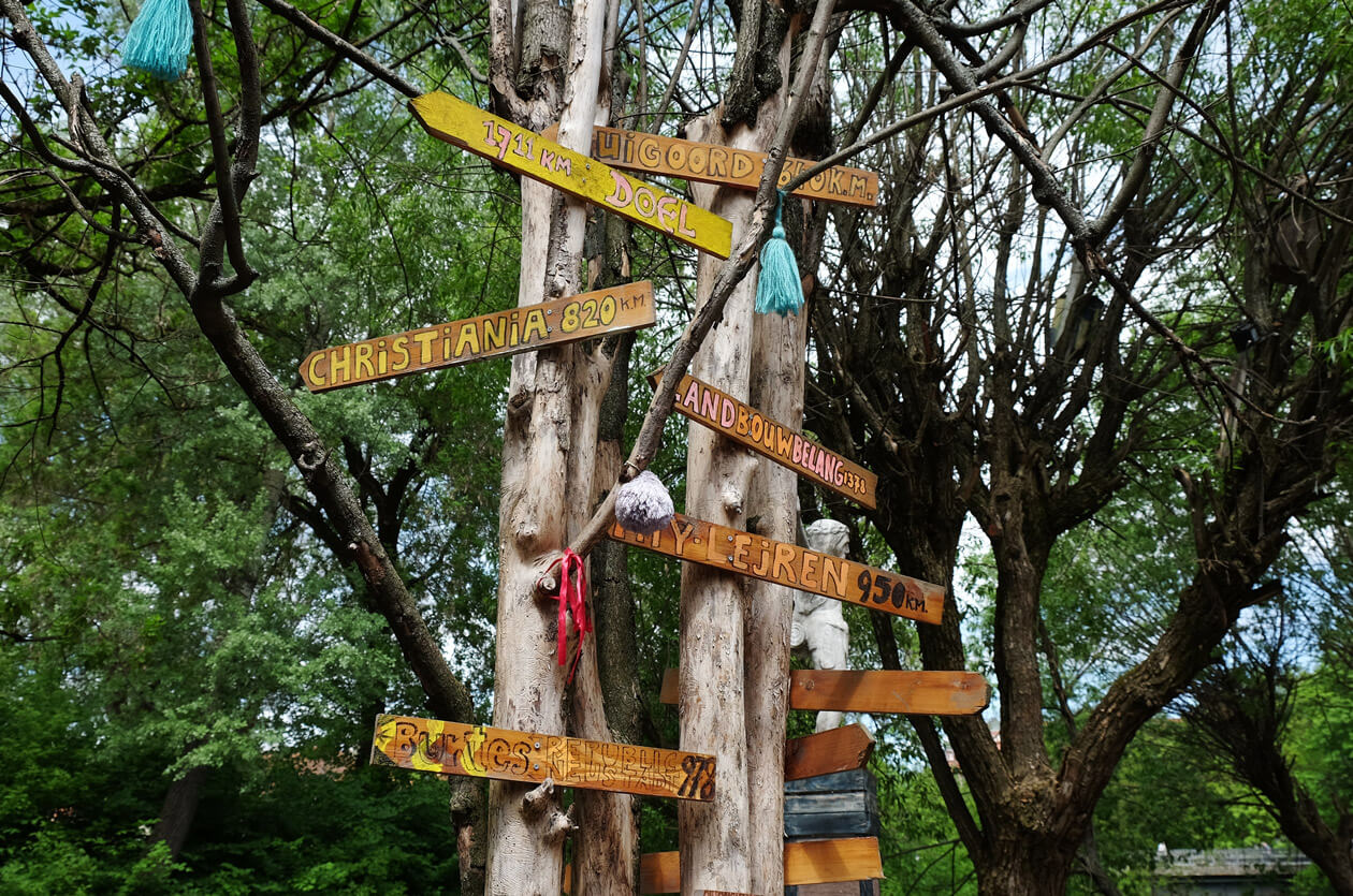 A signpost by the river shows the distance from Uzupis to other independent artists' republics, like Christiania in Copenhagen