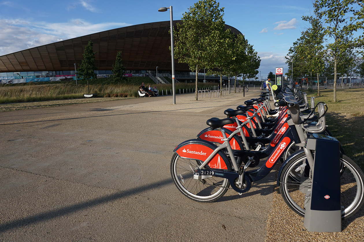 "Boris Bikes" lined up outside the Velodrome Helen on her Holidays