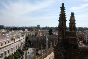 Looking down at the walls of the Real Alcazar palace and gardens from the roof of Seville Cathedral