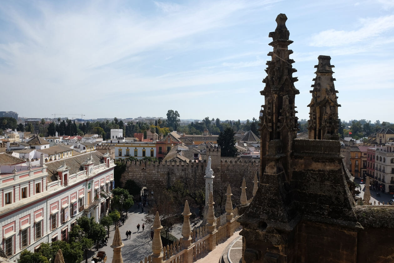 Looking down at the walls of the Real Alcazar palace and gardens on our Seville cathedral rooftop tour