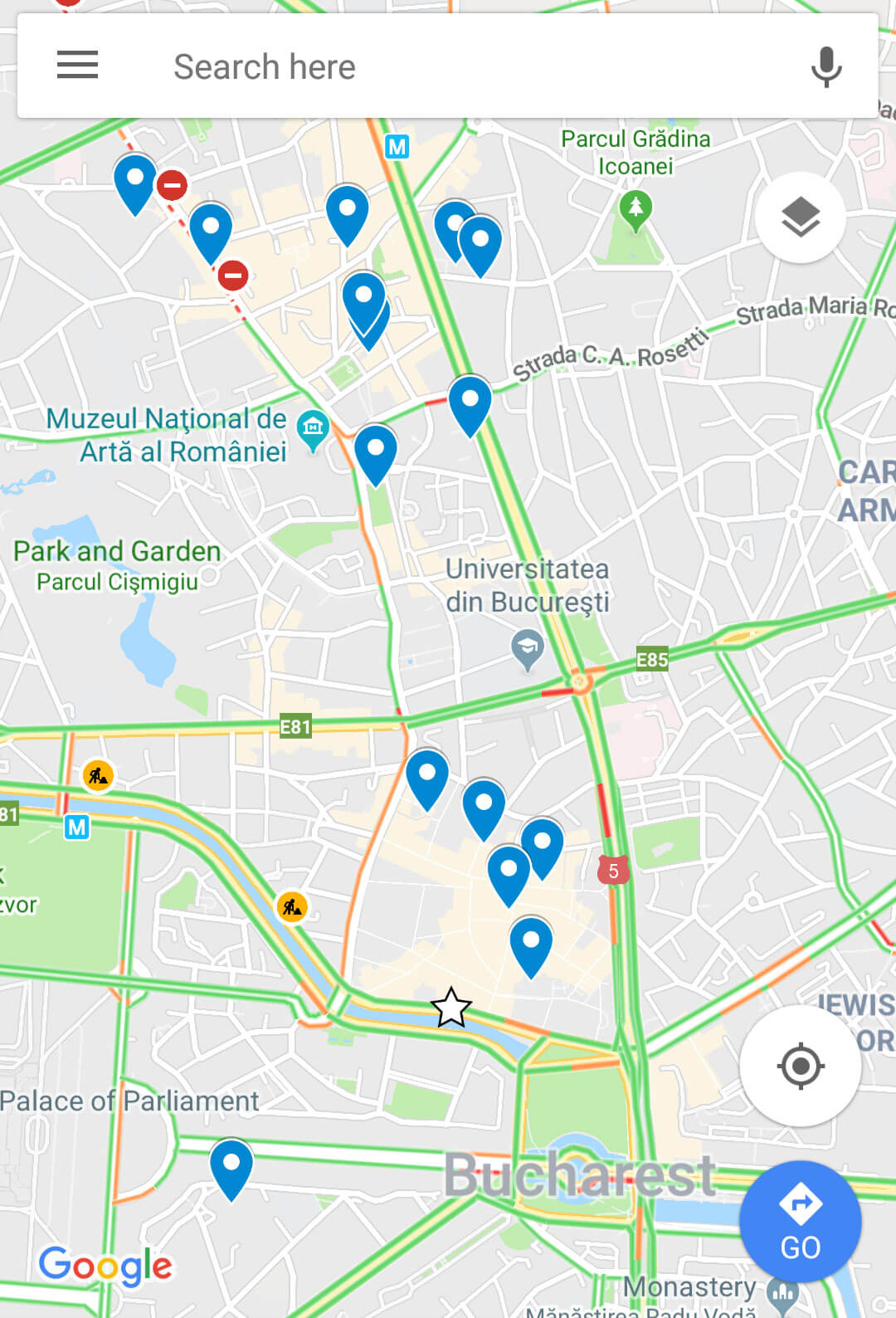 I love to make custom Google Maps before a trip. This map of Bucharest's key city centre sights makes them look spread out but in reality it's an easily walkable city.