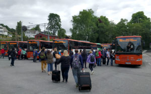 Norway in a Nutshell buses waiting at Voss