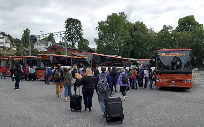 Norway in a Nutshell buses waiting at Voss