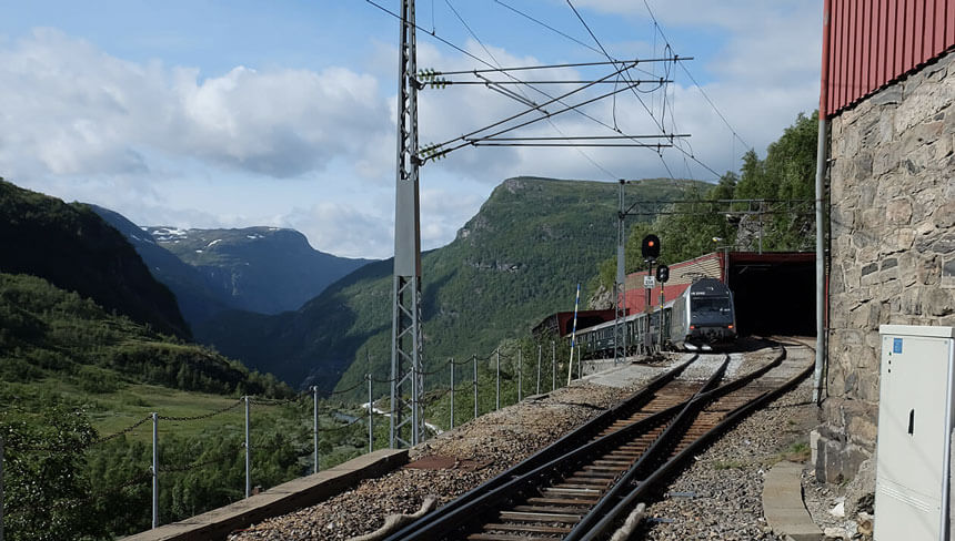 The Flåm Railway train setting off back down the line to Flåm from Myrdal. Check out that gradient!