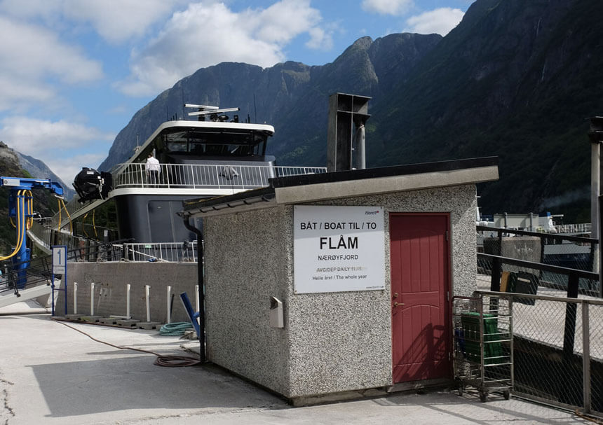 Getting on the fjord cruise at the port in Gudvangen