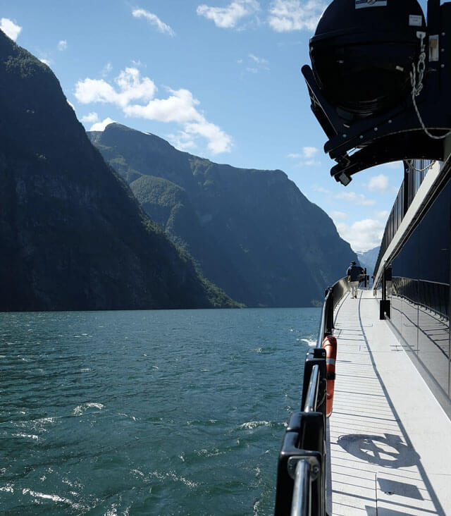 On deck for the fjord cruise. Our Norway in a Nutshell experience included a trip on the beautiful and cleverly-designed premium boat