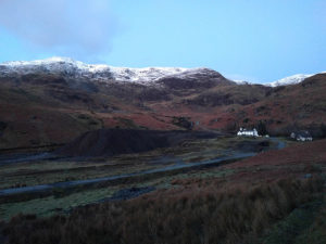 The early morning view from our hut in the fells above Coniston