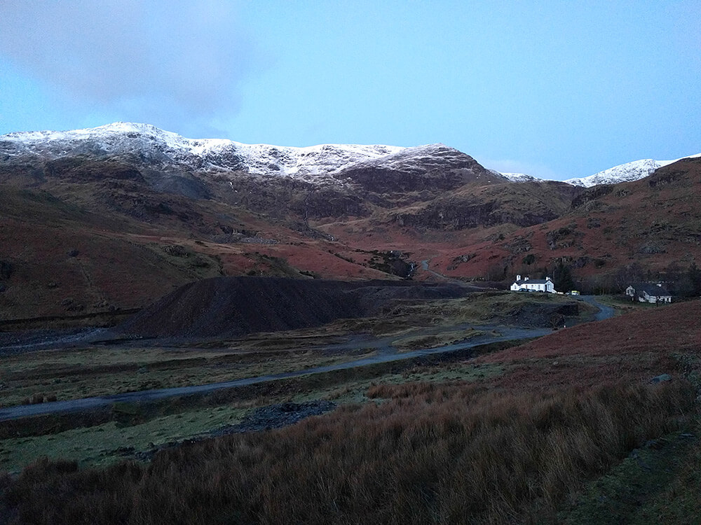 The early morning view from our hut in the fells above Coniston