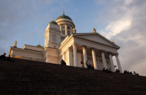 Looking up at Helsinki Cathedral at sunset