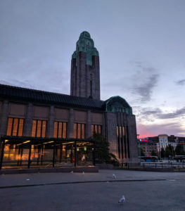 The clock tower of Helsinki Central Station at dawn