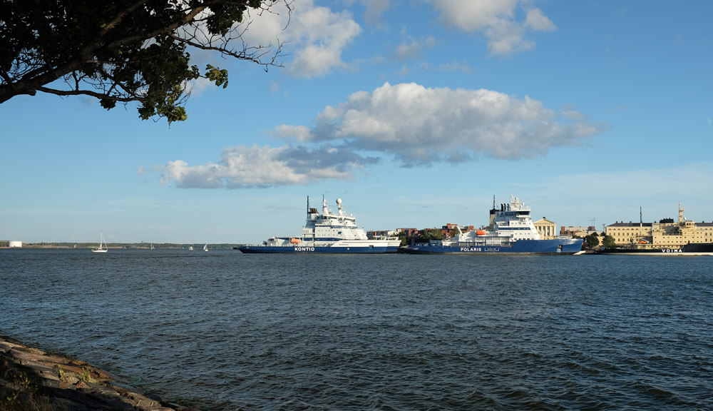 The Finnish icebreaker fleet, stored for the summer in Helsinki