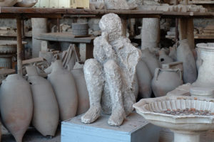 A body cast of one of the victims of the Vesuvius eruption. This cast was in the Forum, near the entrance, but the largest group of body casts is by the Porta Nocera in the Garden of the Fugitives.