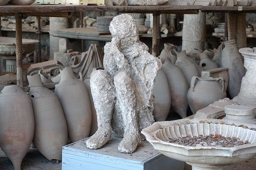 A body cast of one of the victims of the Vesuvius eruption. This cast was in the Forum, near the entrance, but the largest group of body casts is by the Porta Nocera in the Garden of the Fugitives.