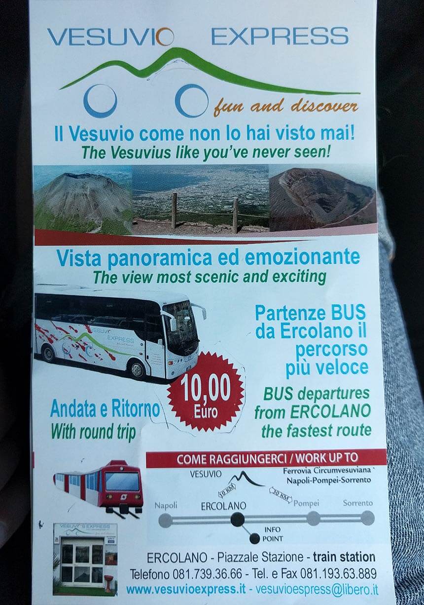 Vesuvio Express's leaflet for their bus tours from Ercolano to the top of Mount Vesuvius. Not all their buses are this fancy!