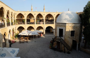 A view from the first floor of Büyük Han, looking across the courtyard with the small mosque in the centre.