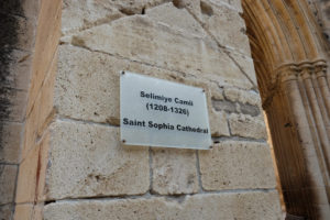 A sign on the Selimiye Mosque commemorating its history
