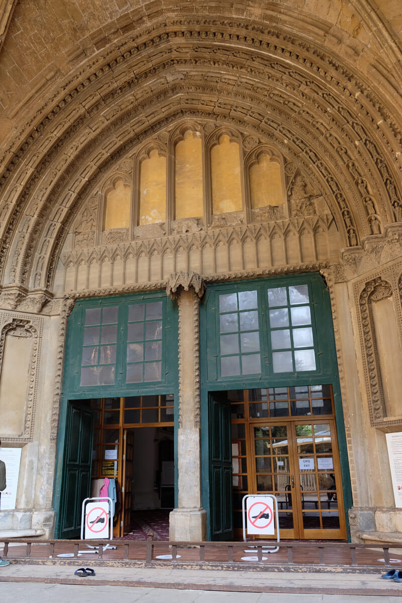 The main entrance to Selimiye Mosque. You can clearly see where the Christian symbols were removed when the building was converted for Islamic worship.