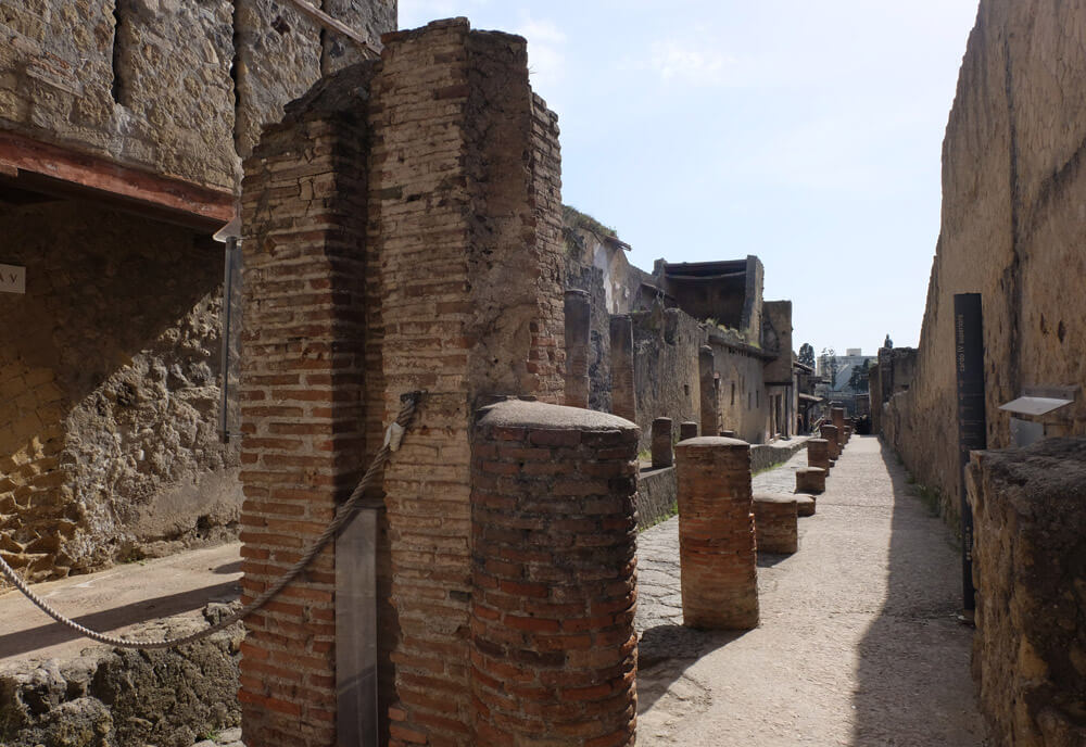 A street in Herculaneum. The buildings here are much better preserved than those in Pompeii