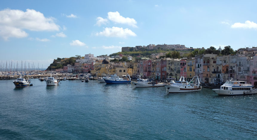 Arriving in Procida's Marina Grande on a ferry from Ischia