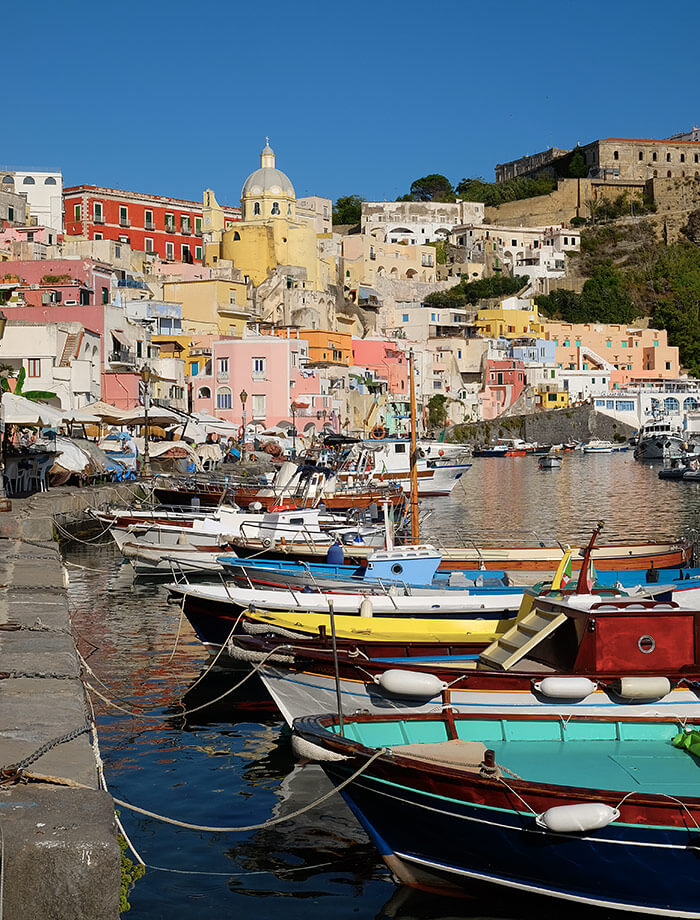 The Marina di Corricella is just as colourful from the harbourside