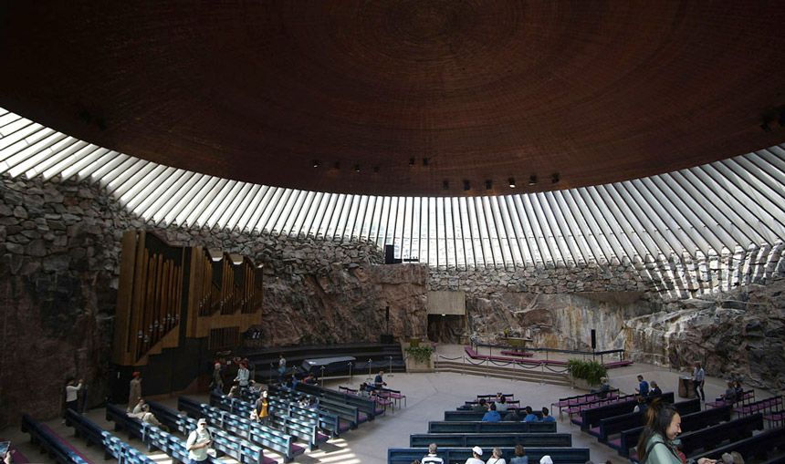 Inside the Temppeliaukion “Rock Church” in Helsinki