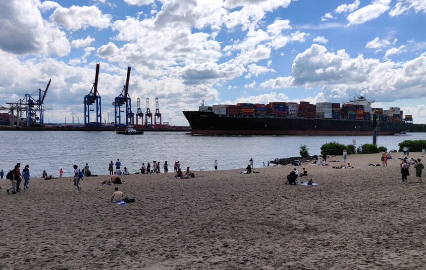 Sitting at the beach in Hamburg watching the container ships is one of the best things to do in Hamburg. This beach is near the Neumühlen/Övelgönne ferry stop.
