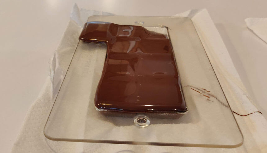 Step one. A freshly-poured bar of dark chocolate, ready to decorate.