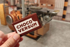 A mini bar of chocolate from the Chocoversum by Hachez chocolate museum and tour