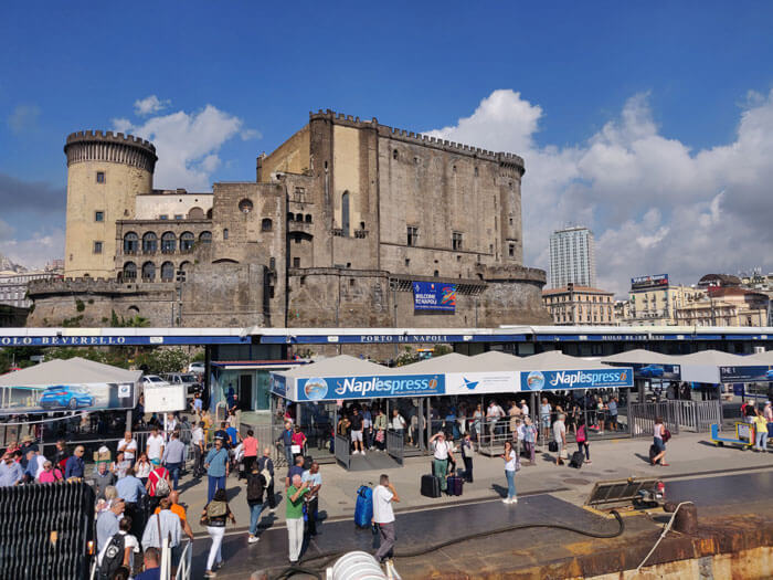 Molo Beverello at the Port of Naples. Fast hydrofoil and catamaran services to Ischia leave from this terminal.