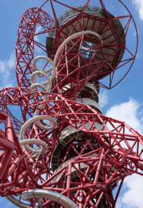 Looking up at the ArcelorMittal Orbit. See that winding silver tube? That's the slide!
