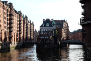 The Speicherstadt is Hamburg's UNESCO-listed warehouse district. This is the view from the Poggenmühlen-Brücke.