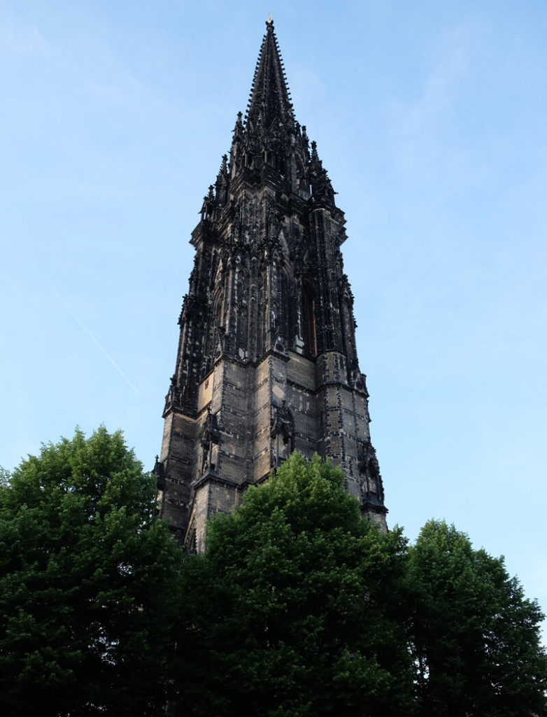 The spire of the St Nikolai Church still stands as a memorial to those killed in the WWII bombing of Hamburg