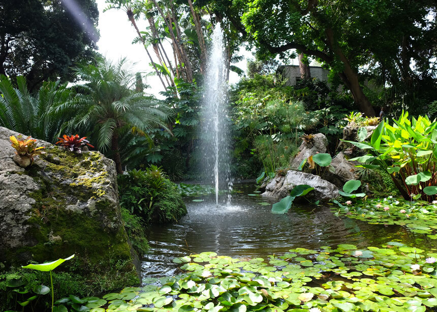 The central fountain, surrounded by volcanic rocks